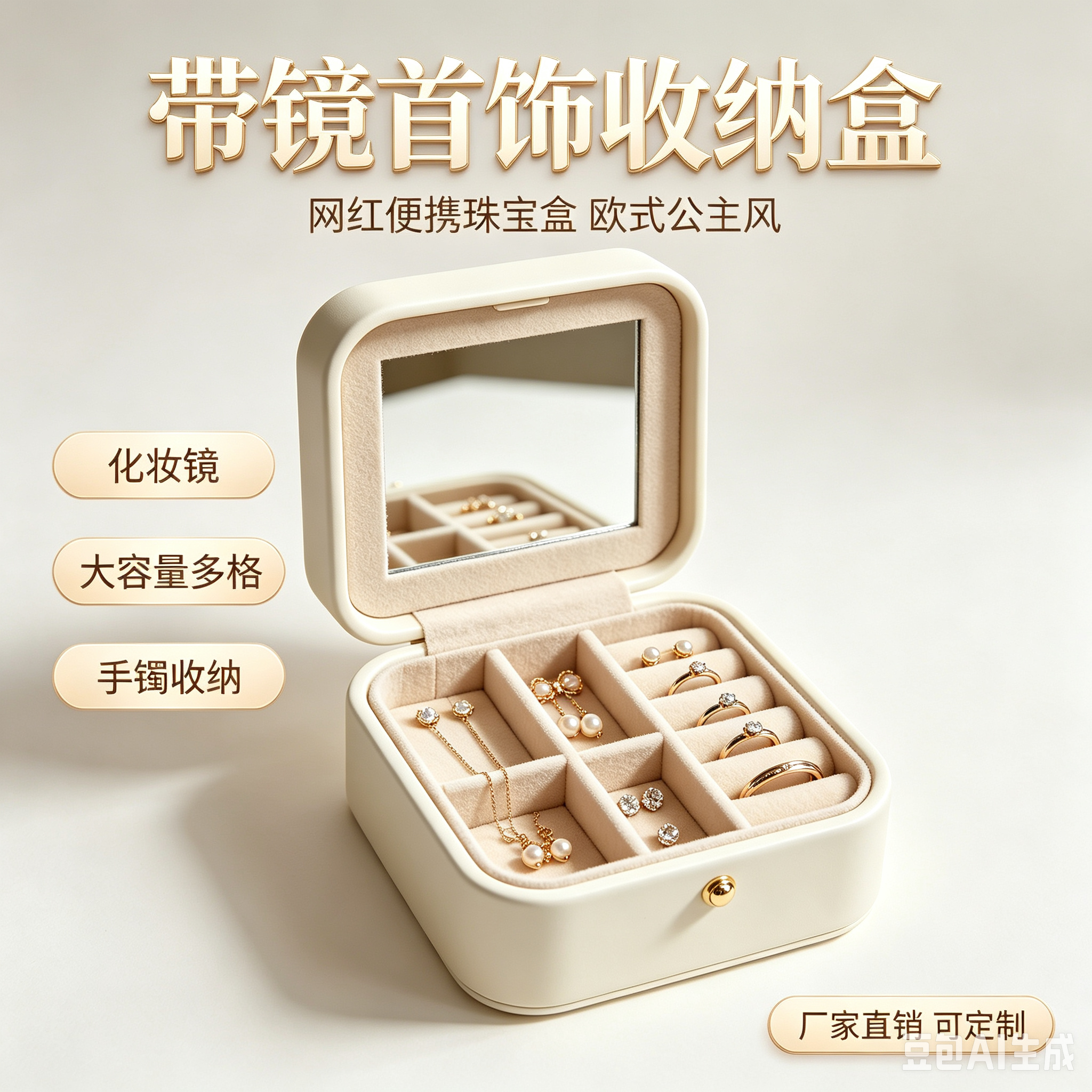 厂家直销带化妆镜子首饰收纳盒网红便携式珠宝手镯盒欧式公主多功能大容量格子饰品盒
