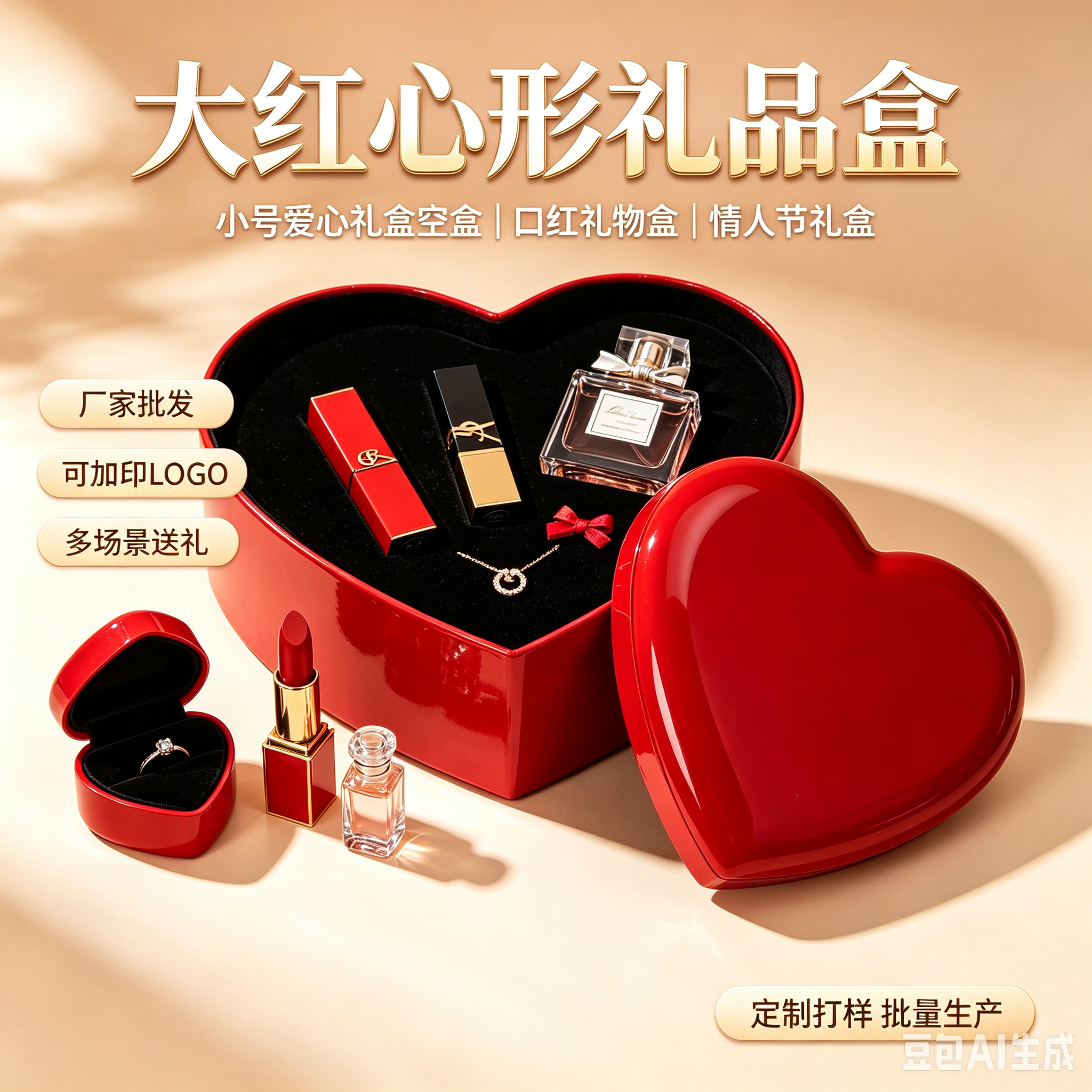 厂家批发定制大红心形礼品盒小号爱心礼盒空盒红色礼物包装盒情人节女生口红礼物盒