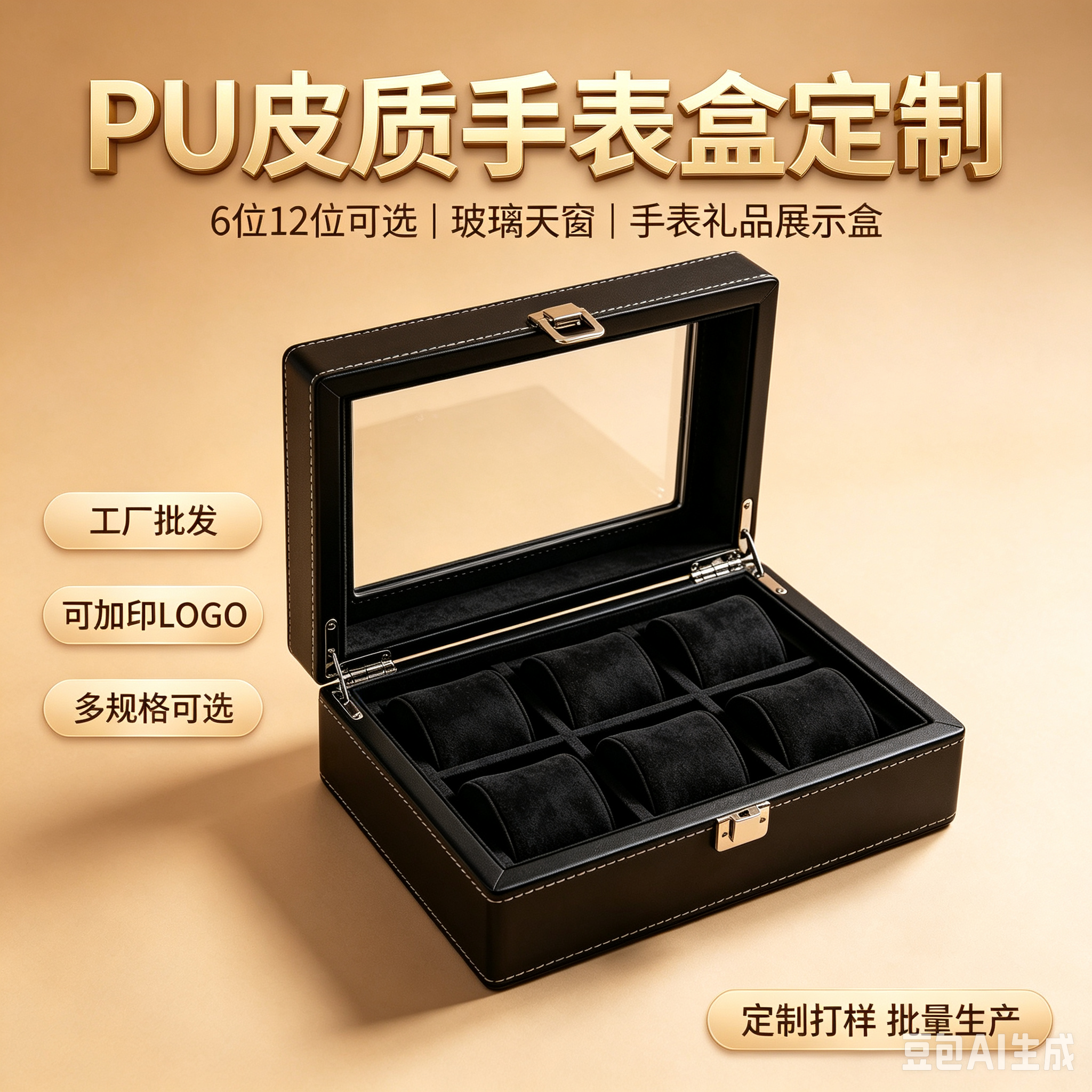 工厂批发定制6位12位PU手表包装盒皮质玻璃天窗手表礼品盒表盒展示盒厂家批发