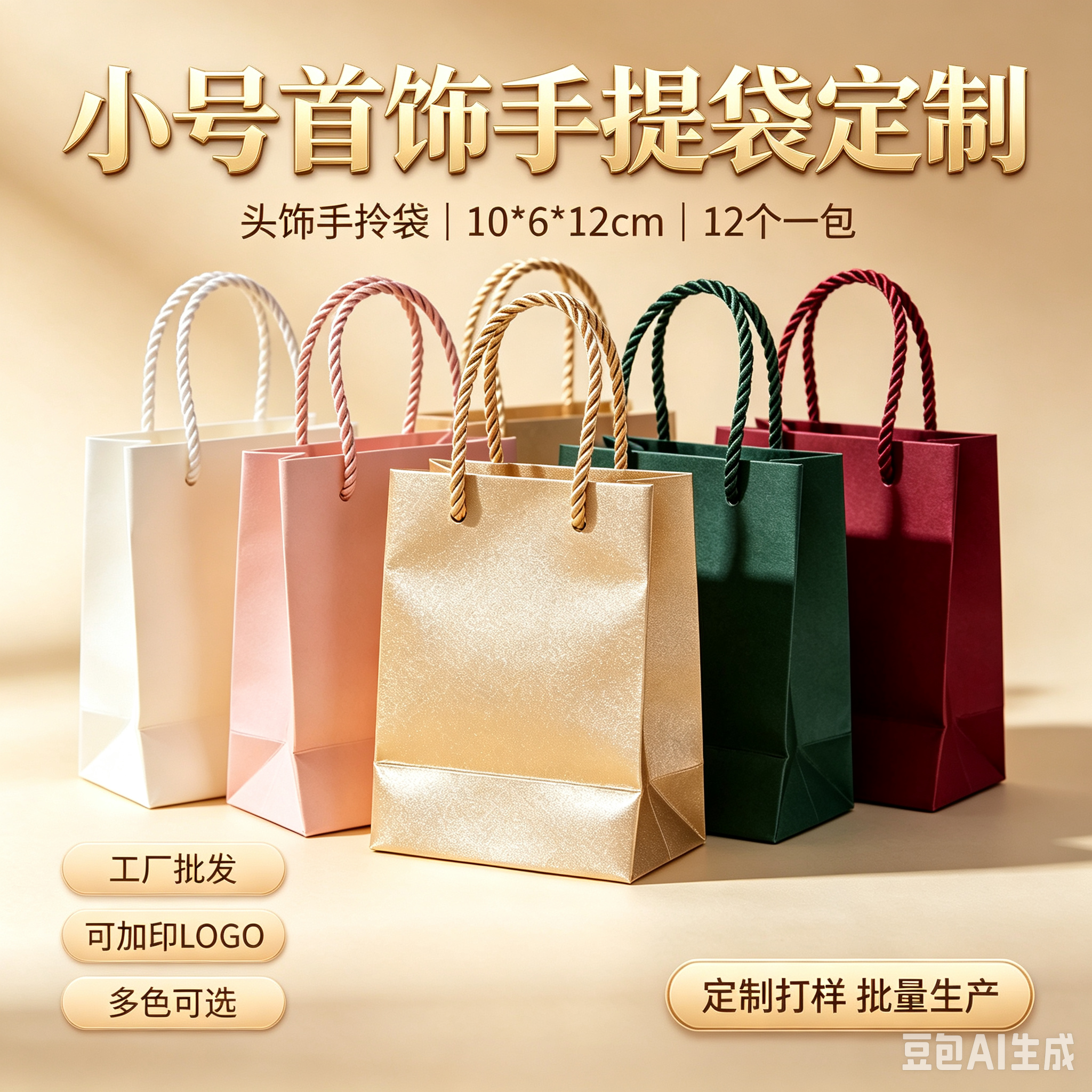 厂家批发定制创意手提袋礼品袋头饰首饰小号手拎袋10*6*12包装纸袋子12个1包价