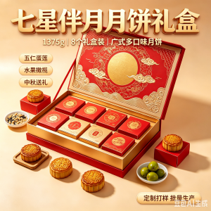 厂家批发定制七星伴月1375g8个礼盒装月饼老式多口味广式珠乡橄榄五仁蛋莲水果月饼礼品盒