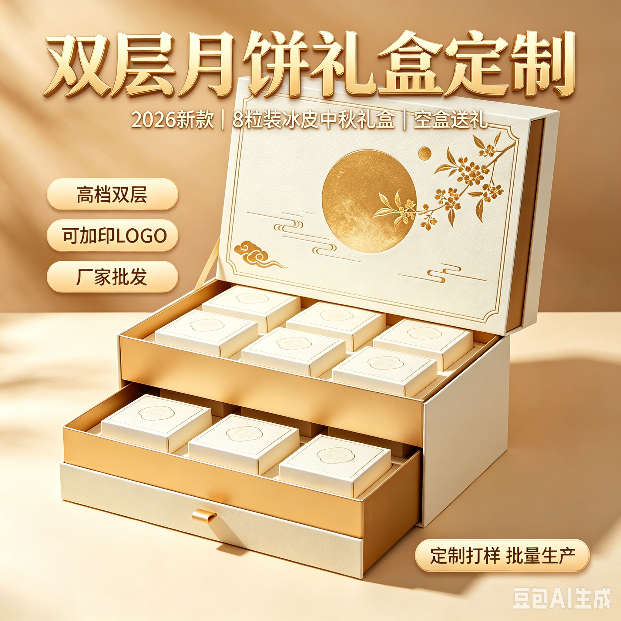 2026年新款高档双层8粒装冰皮中秋月饼礼盒包装盒空盒送礼厂家批发定制