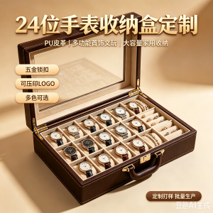 厂家批发定制高级24位PU皮革手表收纳多功能五金锁扣首饰文玩大容量收纳盒家用