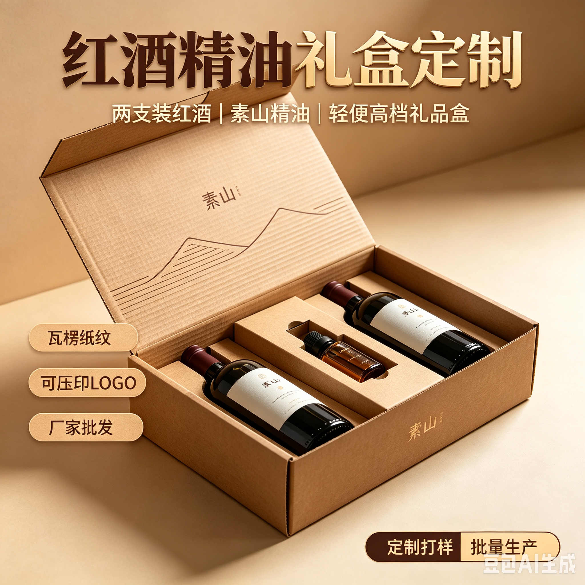 厂家批发定制特色瓦楞素山精油礼盒高档红酒两支装轻便礼品盒时尚精致礼品包装盒厂家定制