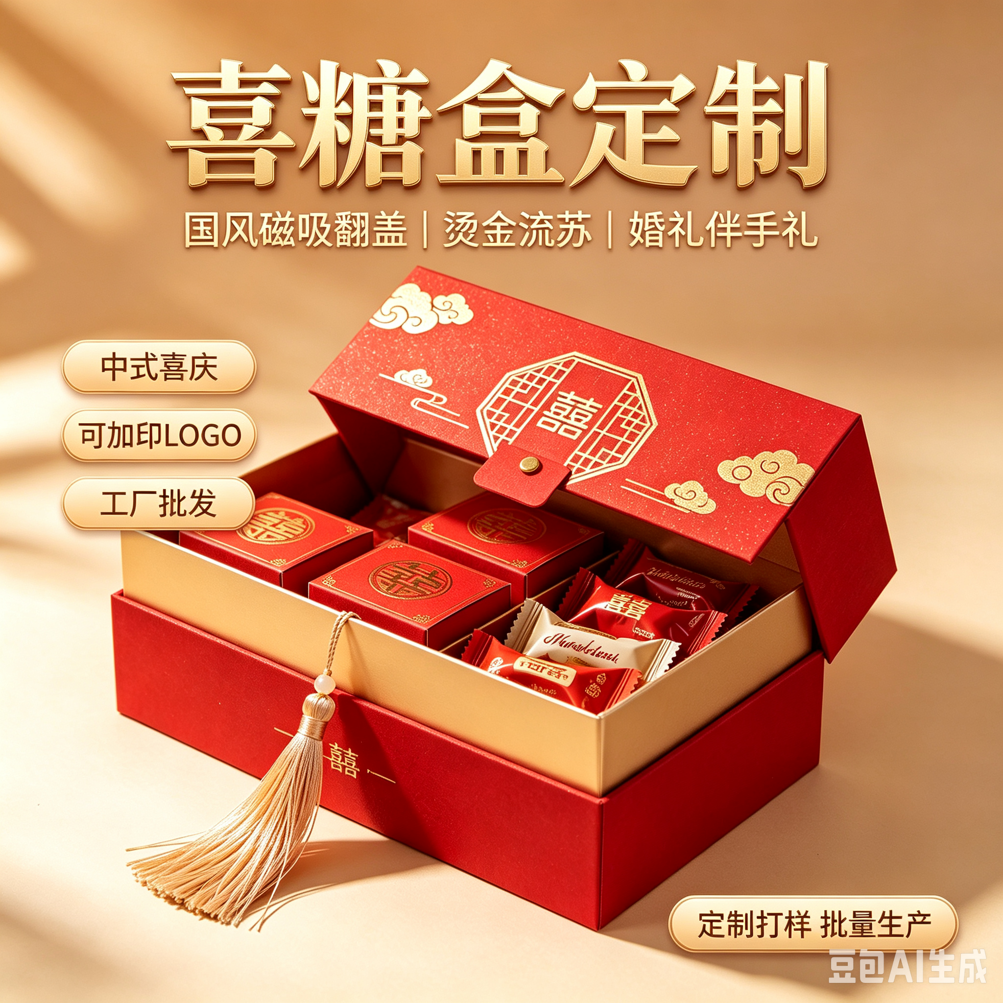 工厂批发定制中式婚礼喜糖盒 国风磁吸翻盖礼品盒伴手礼包装盒烫金流苏手提盒