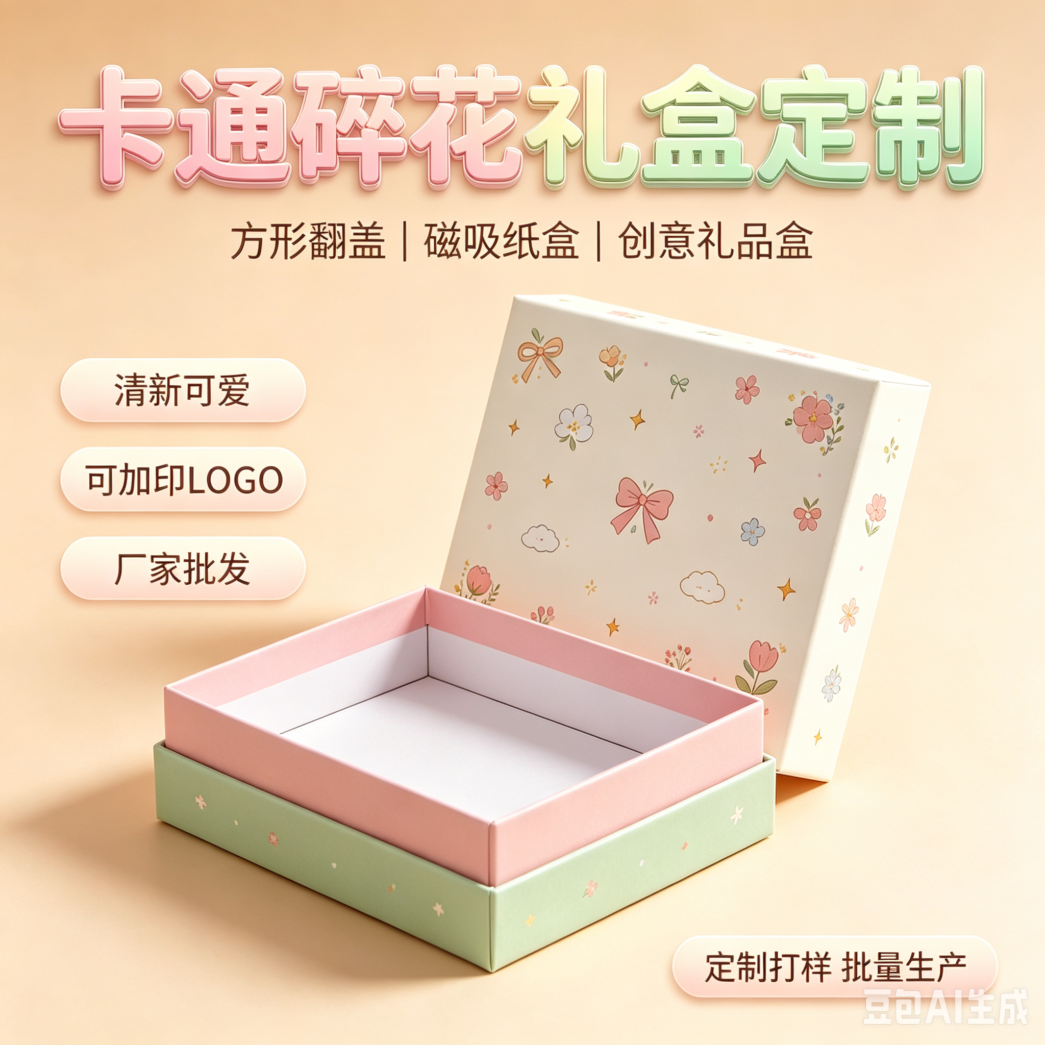 厂家批发定做定做翻盖纸盒 批发方形卡通碎花礼品盒创意高档翻盖吸铁包装盒