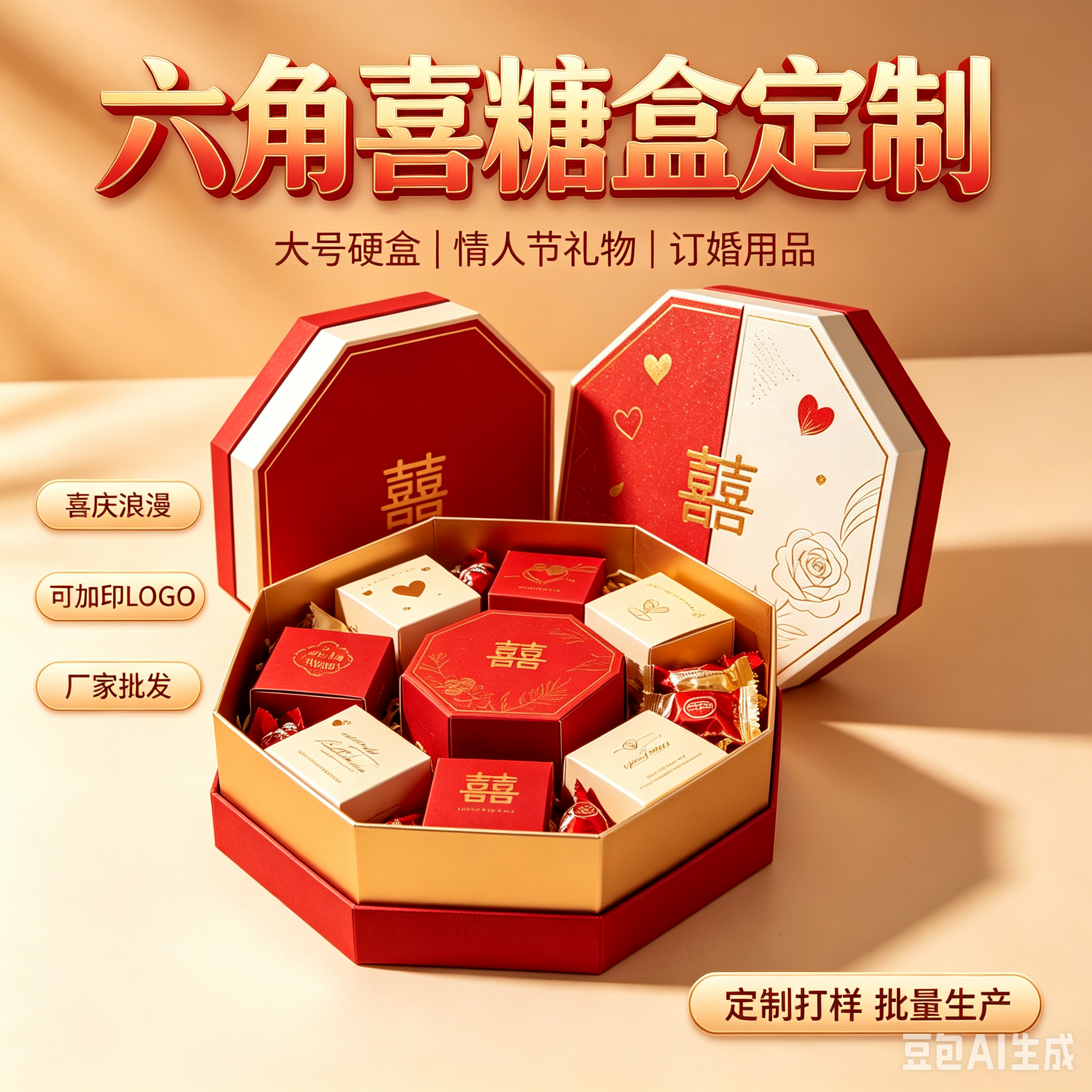 2026年新款喜糖六角盒七夕情人节礼物包装盒大号礼品盒订婚用品硬盒厂家批发定制