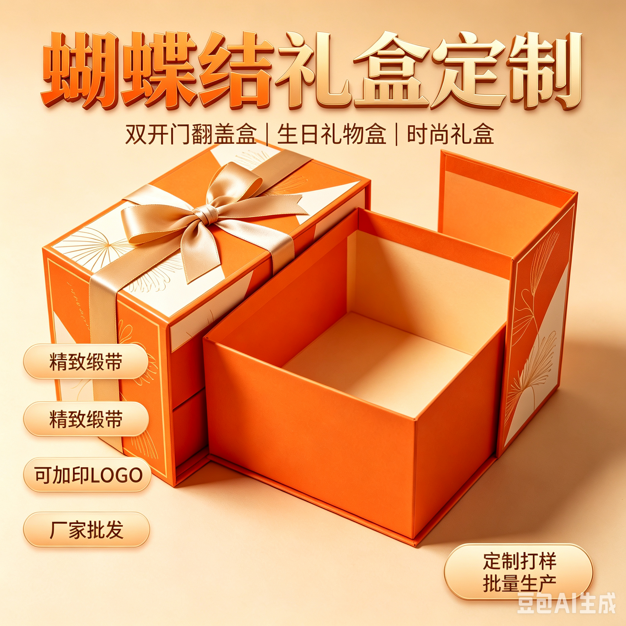 厂家批发定制翻盖礼品盒礼物盒橙色蝴蝶结包装生日礼物盒礼盒包装盒双开门精致礼盒配精美蝴蝶结缎带更显时尚