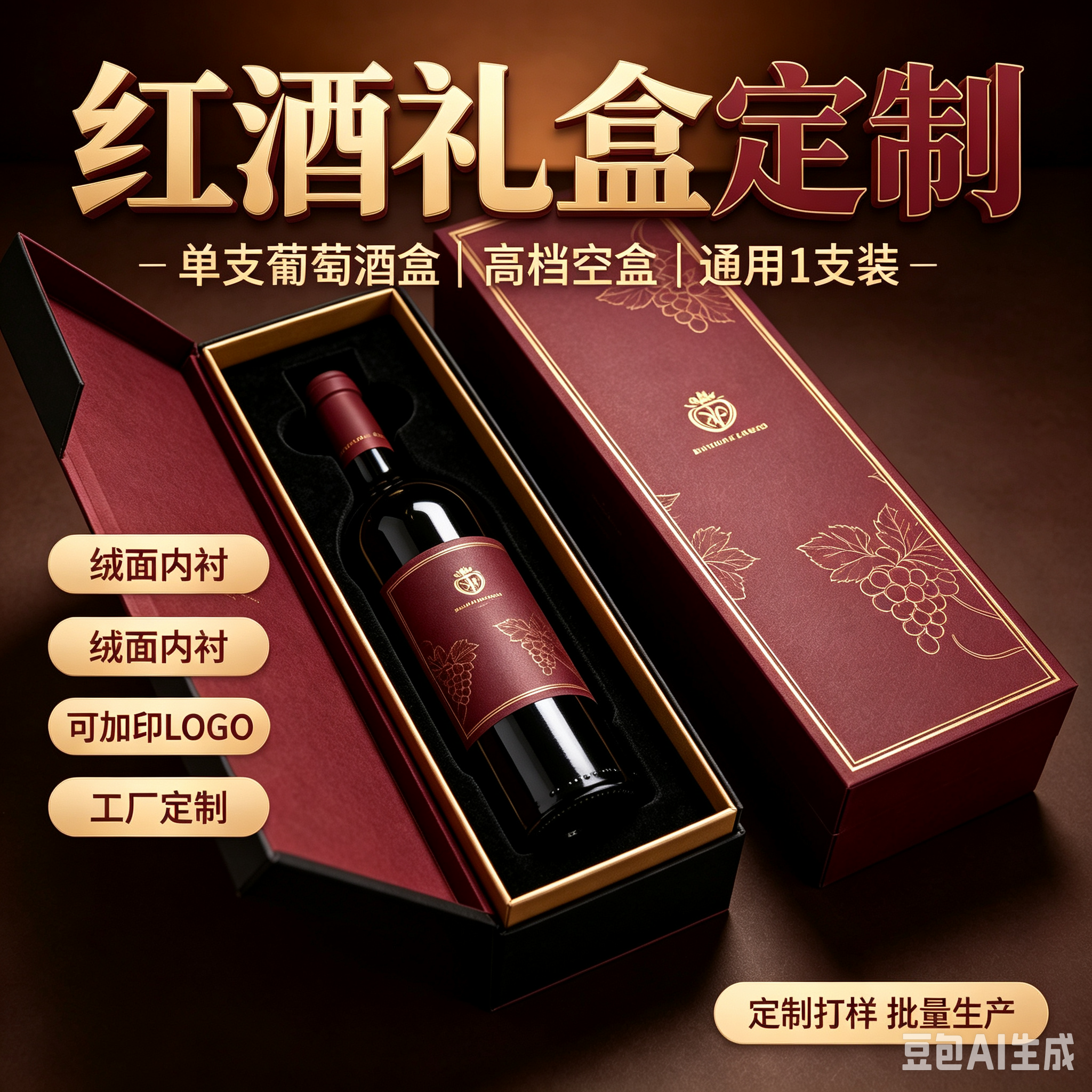 工厂定制批发红酒包装礼盒空盒单支葡萄酒包装盒高档盒子通用1支装红酒礼品盒可定制