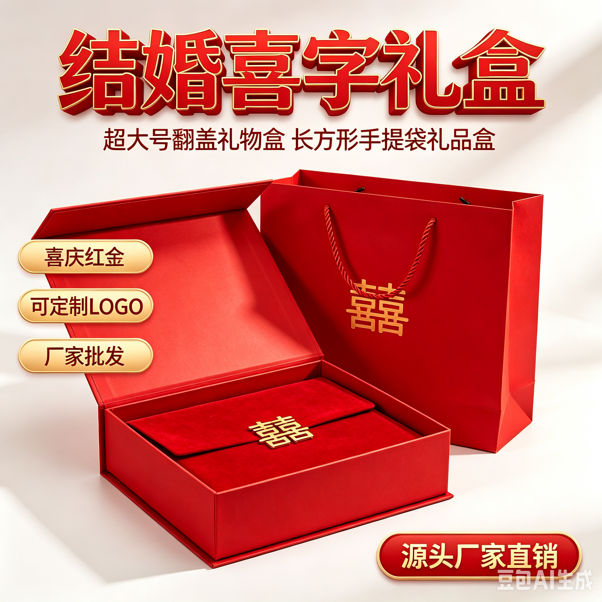 厂家批发定制天在盖红色超大号礼物盒长方形手提袋礼品喜庆结婚喜字包装盒