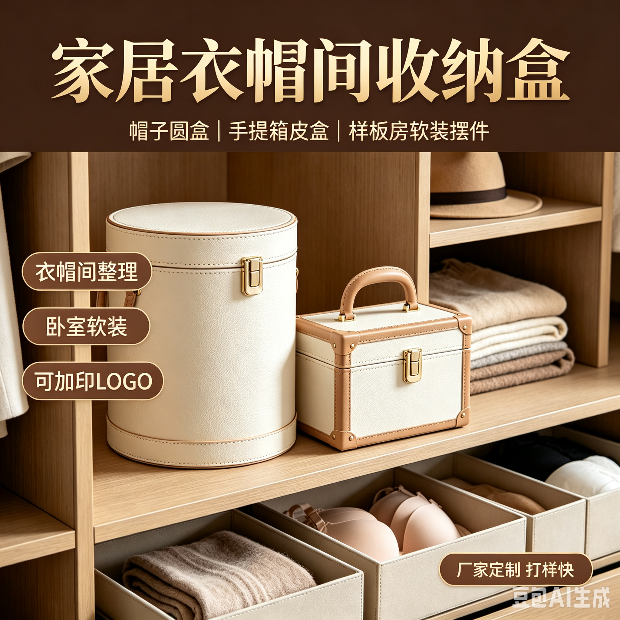 厂家批发定制家居衣帽间帽子收纳盒圆盒手提箱 样板房卧室软装摆件衣柜内衣皮盒礼品收纳盒