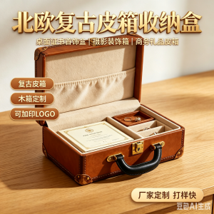 厂家定制批北欧复古皮箱手提箱桌面杂物证书收纳盒首饰藏宝箱木箱摄影装饰箱 各种商务活动礼品手提皮盒皮箱收纳箱