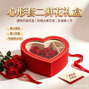 厂家定制批发心形套二透明开窗鲜花礼盒爱心圣诞情人节花盒玫瑰水果花束插花盒
