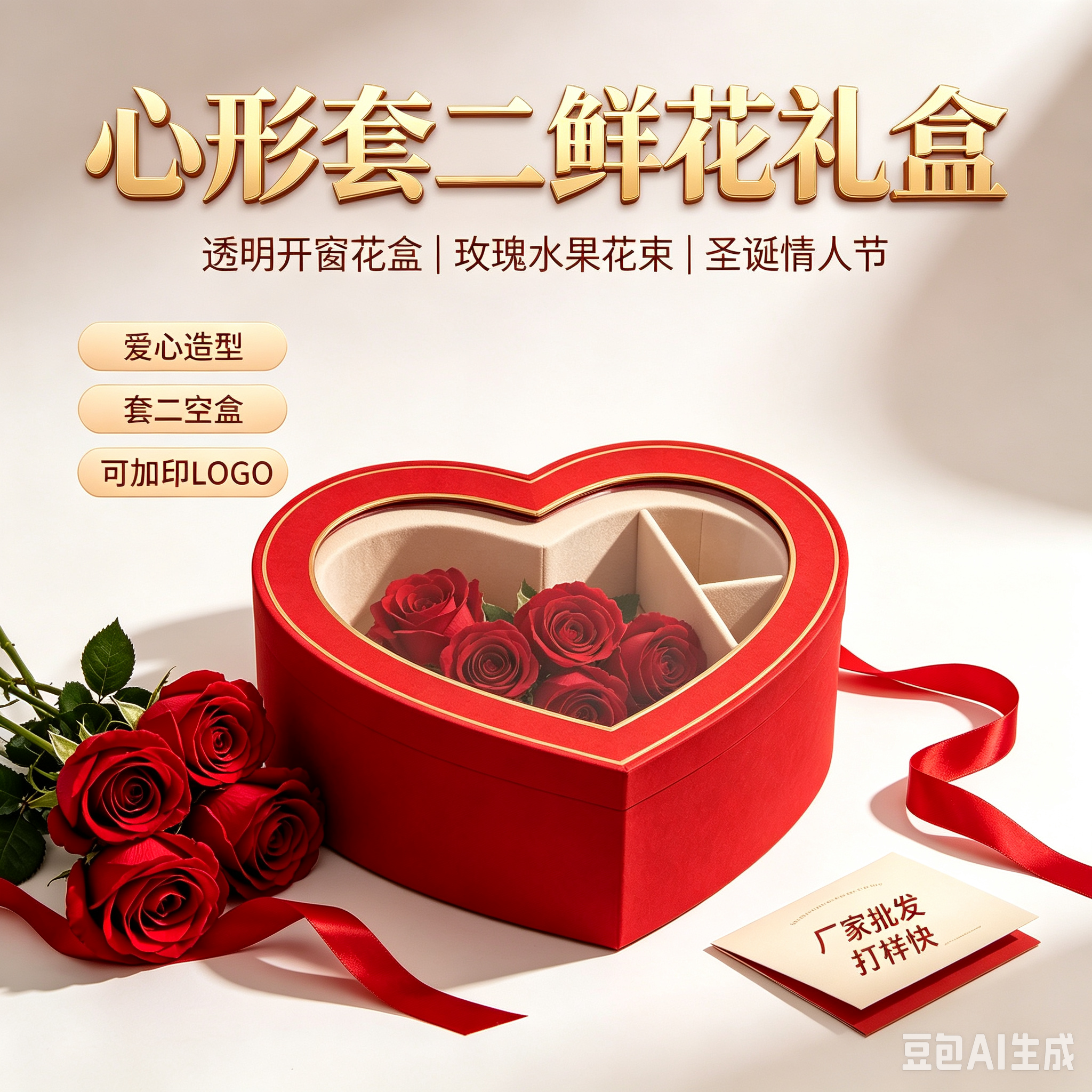厂家定制批发心形套二透明开窗鲜花礼盒爱心圣诞情人节花盒玫瑰水果花束插花盒
