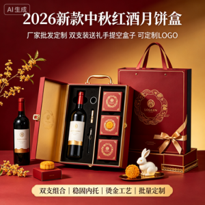 厂家批发定制红酒月饼盒送礼双支装2026新款手提中秋红酒包装空盒子可定制LOGO