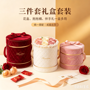厂家批发定制现货绒布花盒钻石绒布抱抱桶三件套礼盒情人节婚庆伴娘伴手礼盒