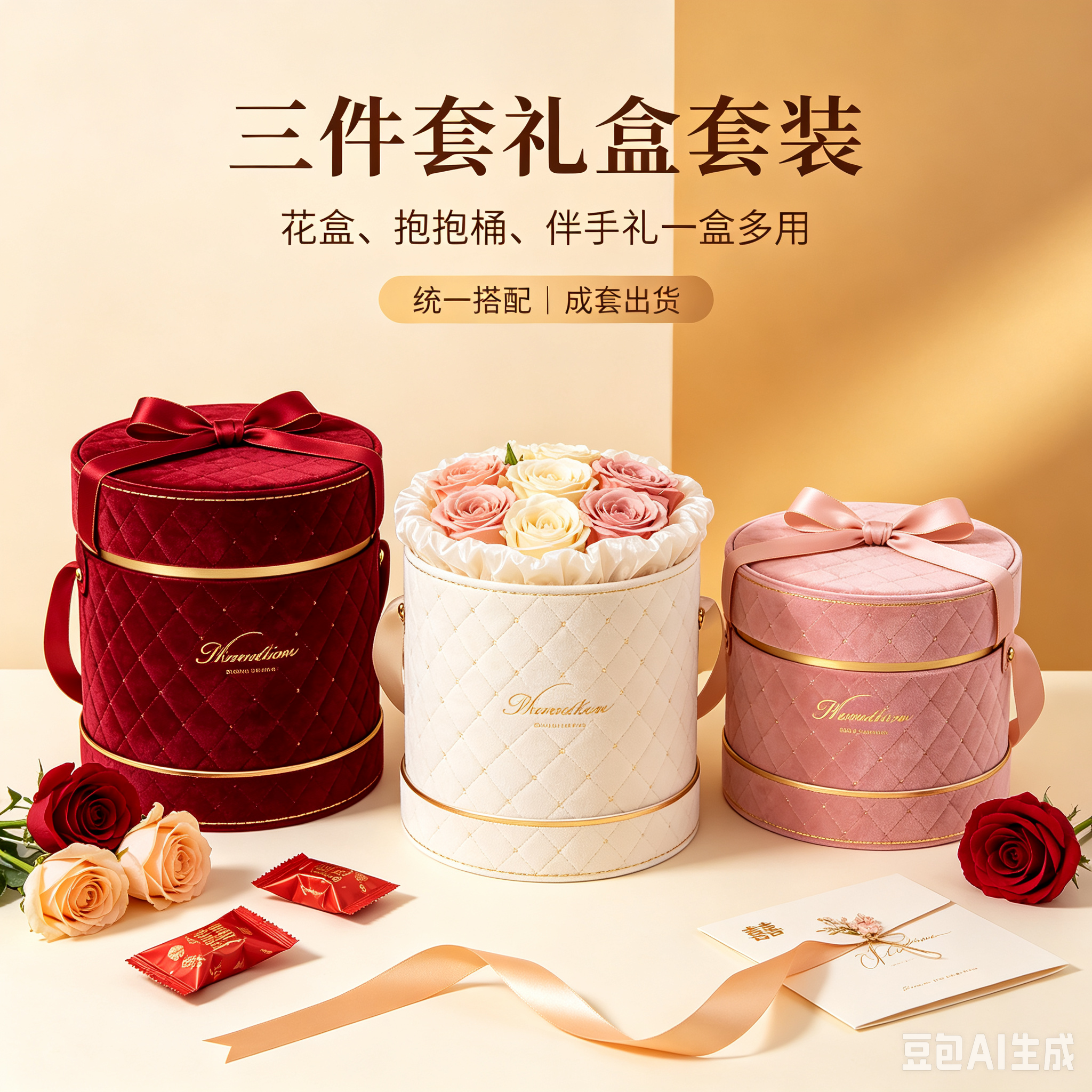 厂家批发定制现货绒布花盒钻石绒布抱抱桶三件套礼盒情人节婚庆伴娘伴手礼盒