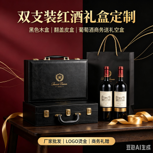 厂家批发定制手提商务送礼红酒盒黑色木盒翻盖葡萄酒皮盒双支装酒盒空盒子